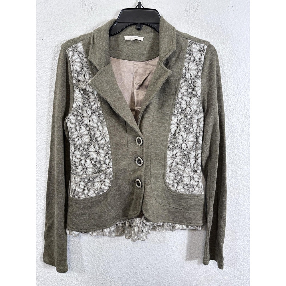 Mystree Blazer Jacket Womens Medium Brown Lace Floral Knit Ruffle Hem Boho Style